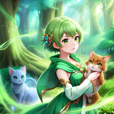 1 girl, green short robes, enchanted woods, 2 cat pokemon <lora:Wakaba-Subaru:0.5>