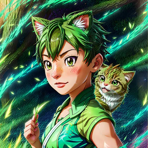 Pokémon style anime artwork (green cat pokémon:1.1), <lora:add_detail:1>, <lora:Wakaba-Subaru:1> . anime style, key visual, vibrant, studio anime, highly detailed . vibrant, cute, anime, fantasy, reminiscent of Pokémon series