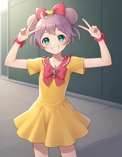 score_9, source_anime, rating_safe BREAK 1girl, solo,
manaka laala, pripara, hair bow,
double bun, short sleeves, yellow dress,
double v, smile,
<lora:ponyxl_character-laala:1>
<lora:sdxl_lightning_8step_lora:1>, source_anime, score_9,