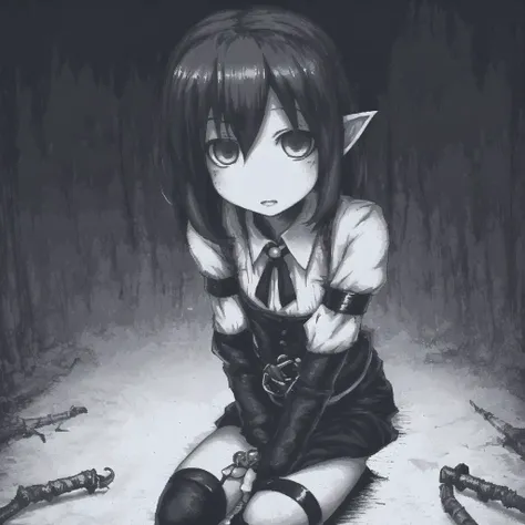 <lora:ham_rifl:0.8>, monochrome, oekaki,
above waist portrait, cute female redhead elf, horror theme, dark lighting, glowing