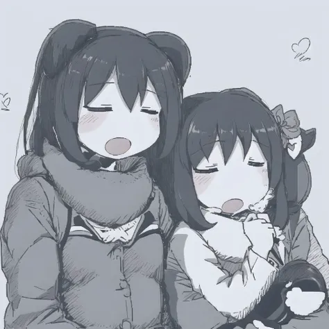 <lora:ham_rifl:1>, monochrome, oekaki,
2girls, ^ ^, blush, bow, closed eyes, coat, hair bow, hair ornament, hairclip, hand up, heart, hug, limited palette, long hair, multiple girls, open mouth, scarf, shared clothes, shared scarf, simple background, smile, sweatdrop, upper body, winter clothes, yuri