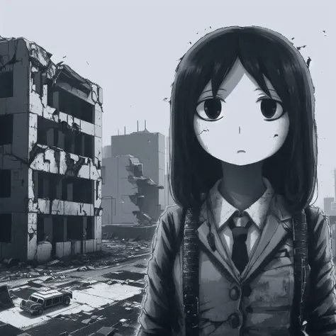<lora:ham_rifl:0.9>, monochrome,
expressionless, empty eyes, post-apocalypse, crumbling city on background, portrait