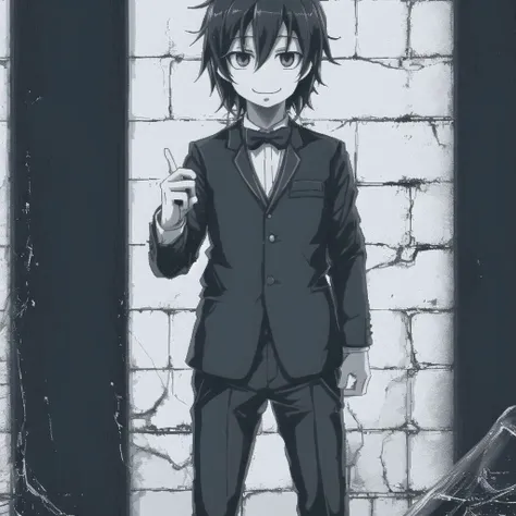 <lora:ham_rifl:0.9>, monochrome, oekaki, 

handsome cool anime young man, realistic detailed semirealism handsome 25 year old slim man with flowing messy hair dressed in formal attire, happy go lucky expression