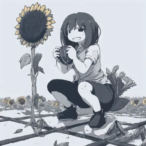<lora:ham_rifl:1>, monochrome, oekaki,
masterpiece, best quality, gopnik anime smug young woman, adidas, squating, ((sunflower seeds everywhere)), deep squat, cute face, smug grin
