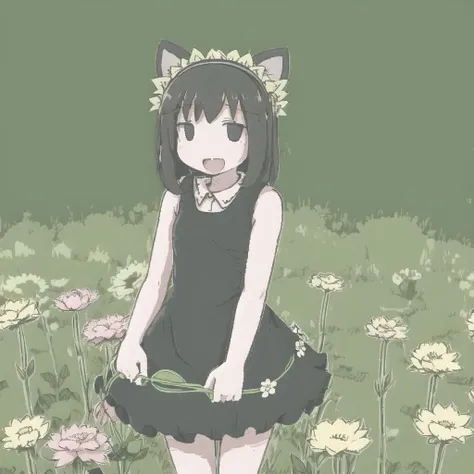 <lora:ham_rifl:1>, monochrome, oekaki,
1girl, :d, animal ear fluff, animal ears, bangs, black hairband, blonde hair, blurry, blurry background, depth of field, dress, flower, flower pot, frilled dress, frills, green dress, green eyes, hairband, holding, long hair, open mouth, pink flower, plant, potted plant, sketch, sleeveless, sleeveless dress, smile, solo, tail, twitter username, wrist cuffs, yellow flower