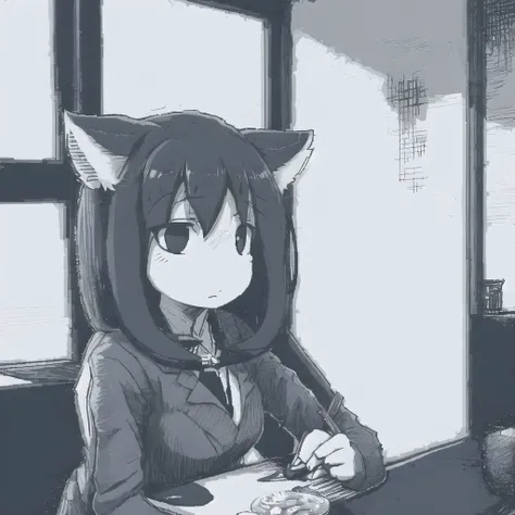 <lora:ham_rifl:1>, monochrome, oekaki, 

 solo focus, 
((nekomimi)) sitting at a cafe, [cleavage],realistic eyes, long hair, day, dutch angle, eyebrows visible through hair, highres, long sleeves,