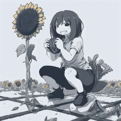 <lora:ham_rifl:1>, monochrome, oekaki, 

masterpiece, best quality, gopnik anime smug young woman, adidas, squating, ((sunflower seeds everywhere)), deep squat, cute face, smug grin