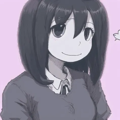 <lora:ham_rifl:1>, monochrome, oekaki,
1girl, arms behind back, bangs, black hair, blouse, breasts, heart, long hair, looking at viewer, medium breasts, pink shirt, shirt, simple background, smile, solo, speech bubble, very long hair, white background