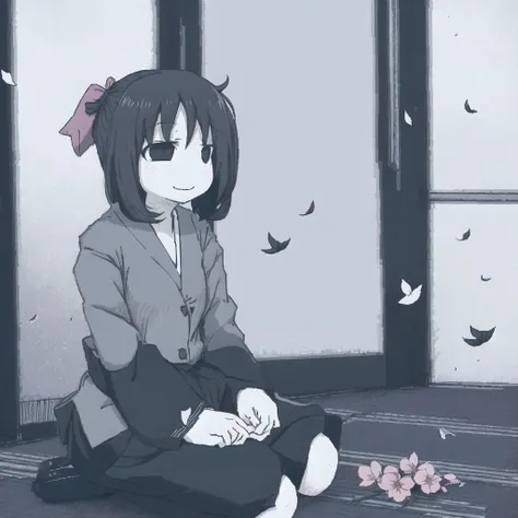 <lora:ham_rifl:1>, monochrome, oekaki,
1girl, ahoge, black bow, blue jacket, bow, cherry blossoms, falling petals, feet out of frame, grey hakama, hair bow, (hair over one eye:0.8), hair pulled back, hakama, haori, highres, jacket, japanese clothes, kimono, petals, very colorful hair, seiza, shouji, sitting, sliding doors, smile, solo focus, sunlight, table, white kimono,