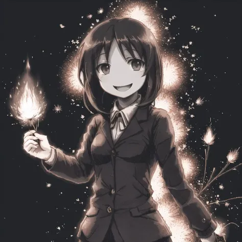 <lora:ham_rifl:0.8>, monochrome, oekaki,
above waist portrait beautiful cute anime young woman, Fiery firework ignites black background, sending flickering aesthetic firefly ashes towards viewer, happy smile