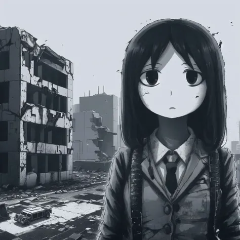 <lora:ham_rifl:0.9>, monochrome,
expressionless, empty eyes, post-apocalypse, crumbling city on background, portrait