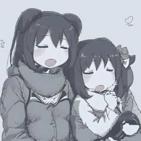 <lora:ham_rifl:1>, monochrome, oekaki,
2girls, ^ ^, blush, bow, closed eyes, coat, hair bow, hair ornament, hairclip, hand up, heart, hug, limited palette, long hair, multiple girls, open mouth, scarf, shared clothes, shared scarf, simple background, smile, sweatdrop, upper body, winter clothes, yuri