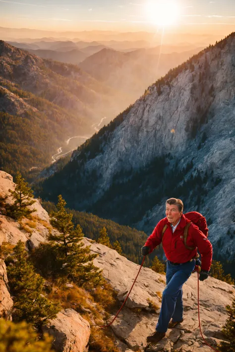 Photo of Ronald Reagan climbing a moutain, cinematic lighting, intricate details, 8k detail post processing, hyperealistic, 50mm bodyphotography, professional photograph, bokeh, f2.8, postprocessing