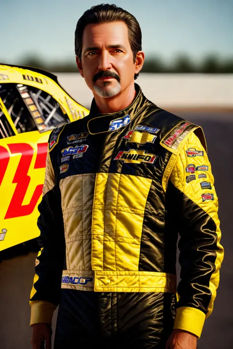 photorealistic, masterpiece, highest quality, highly detailed, 50 year old man, shiny skin, black hair, (dressed in NASCAR uniform:1.5), burly, (golden hour portrait, bokeh), (natural light), subsurface scattering, volumetric lighting