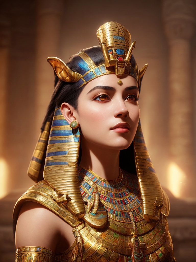 An egyptian woman in gold and blue dress with a gold headpiece - SeaArt AI