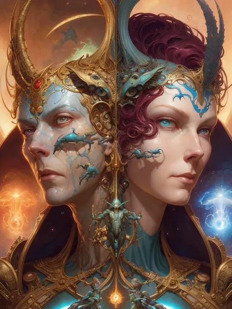 beautiful gemini good and evil, happy and sad faces, fantasy character portrait, ultra realistic, wide angle, intricate details, the fifth element artifacts, highly detailed by peter mohrbacher, boris vallejo, hajime sorayama, wayne barlowe, aaron horkey, gaston bussiere, craig mullins