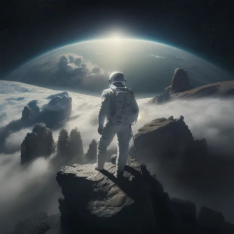astronaut standing upon a rocky precipice with his back to the viewer,he is gazing out on a landscape covered in a thick sea of fog, realistic, cinematic