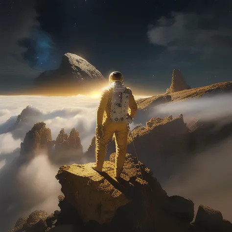 astronaut dressing (golden suit) standing upon a rocky precipice with his back to the viewer, he is gazing out on a landscape covered in a thick sea of fog, cinematic,realistic