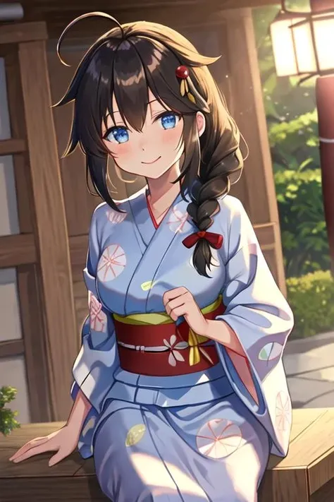 best quality, masterpiece, highres, solo, {yukata:1.40}, {kimono:1.20}, {shigure_kantaicollection:1.15}, long_hair, blue_eyes, ahoge, hair_flaps, braid, single_braid, hair_ornament, brown_hair, blush, black_hair, smile, hair_between_eyes, breasts