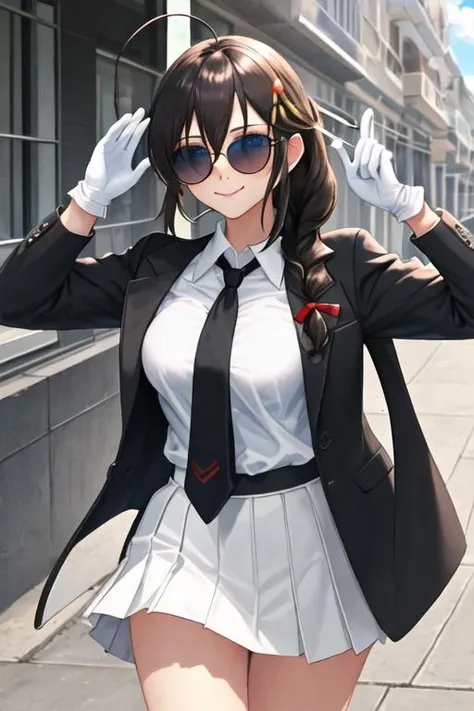 best quality, masterpiece, highres, solo, {black business suit:1.40}, {tie:1.20}, {sunglasses:1.25}, {white gloves:1.15}, {white shirt:1.10}, {black skirt:1.15}, {smoking:1.20}, handsome, {shigure_kantaicollection:1.15}, long_hair, blue_eyes, ahoge, hair_flaps, braid, single_braid, hair_ornament, brown_hair, blush, black_hair, smile, hair_between_eyes, breasts