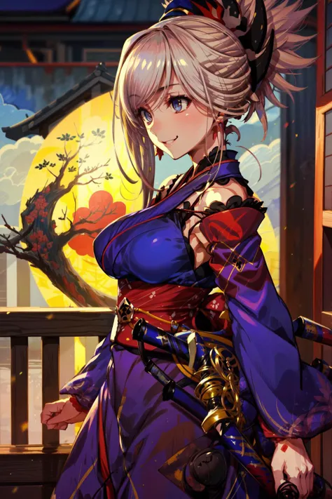 masterpiece,best quality,1girl,miyamoto musashi \(fate\),Saber1,detached sleeves,Default Kimono,wide hips,smile,katana,east asian architecture,from side,cowboy shot,<lora:FGOMusashi:0.9>,