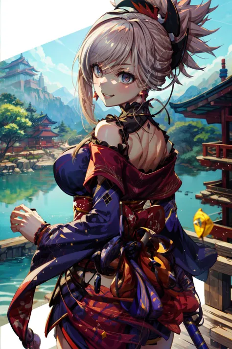 masterpiece,best quality,1girl,miyamoto musashi \(fate\),Saber2,Advanced Clothing,handguard,wide hips,smile,looking back,katana,summer,east asian architecture,from behind,cowboy shot,<lora:FGOMusashi:0.9>,