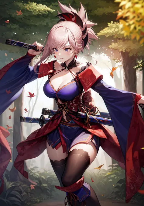 masterpiece, best quality, high resolution,
Saber3, Final Costume, 1girl, solo, standing, wide sleeves, weapon, katana, dynamic pose, motion, forest, falling leaf,
<lora:FGOMusashi:0.8>