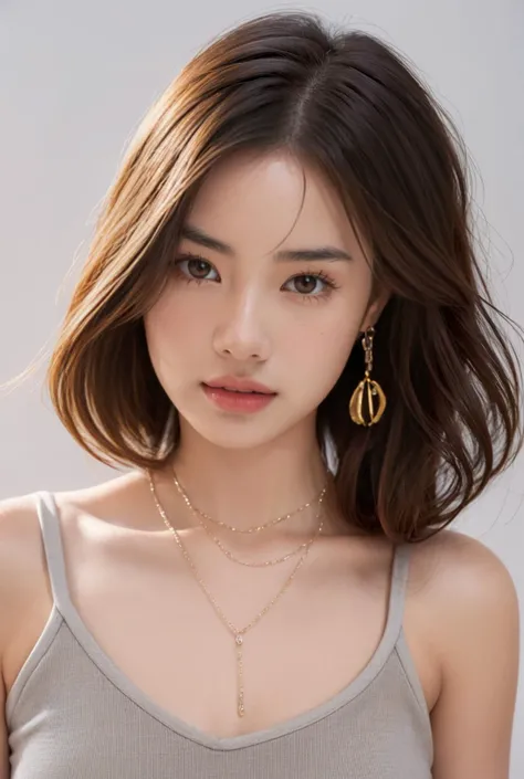 (Best quality, 8k, 32k, Masterpiece, UHD:1.2),Photo of Pretty Japanese woman, large breasts, seductive look, playful, very long hair,upper body,face focus,oversized_sweater, necklace, simple background, from above, looking at viewer,