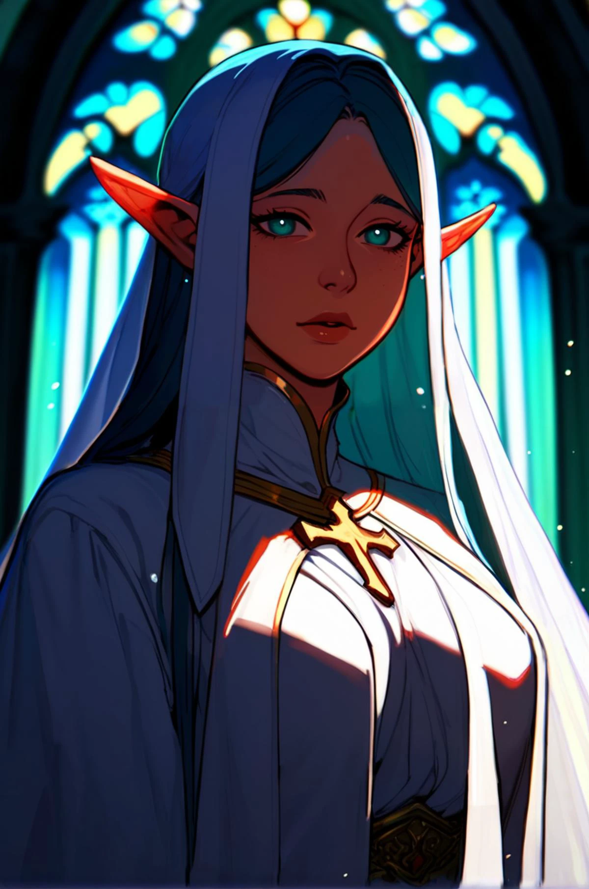 dreamscape <lora:winterXL:1>, one girl, elf, long hair, gloomy face, soft colors, priestess, detail, looking at viewer, indoors <lora:art-v5:0.7> <lora:Lunas-Blackedwear-Concept-SDXL-A1:0.4> <lora:OverallDetail:1> <lora:sdxl_lightning_8step_lora:0.4>, score_9, score_8_up, score_7_up . surreal, ethereal, dreamy, mysterious, fantasy, highly detailed