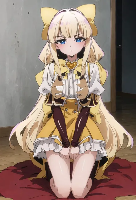   (masterpiece:1.2), Highest quality, High resolution, unity 8k wallpaper, (figure:0.8), (Beautiful attention to detail:1.6), Highly detailed face, Perfect lighting, Highly detailed CG, (Perfect hands, Perfect Anatomy),kaorukotenkawa, Kaoruko Tenkawa, Long Hair, blue eyes, Blonde, bow, hair bow, yellow bow,gloves, dress, heart, elbow gloves, Magical girl, Yellow gloves,(white side-tie panties), (show off panties)(skirt lift: 1.5), standing, full body, dutch angleoutdoors, city, null, sun, cloud,looking at viewer, 