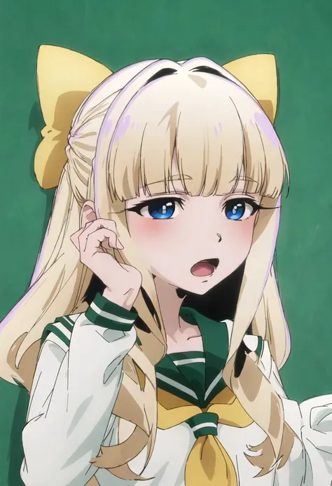 best quality, masterpiece, highres, solo, {kaoruko_tenkawa_mahoushoujoniakogarete:0.90}, 1girl, serafuku, blush, green_sailor_collar, open_mouth, parody