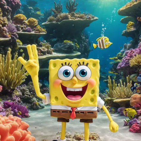 cartoon of SpongeBob SquarePants,raising hand making shockr gesture,toothy grin,bright yellow,underwater,Bikini Bottom,colorful coral,swaying sea plants,curious fish,shimmering sunlight,<lora:shocker_xl:1>,