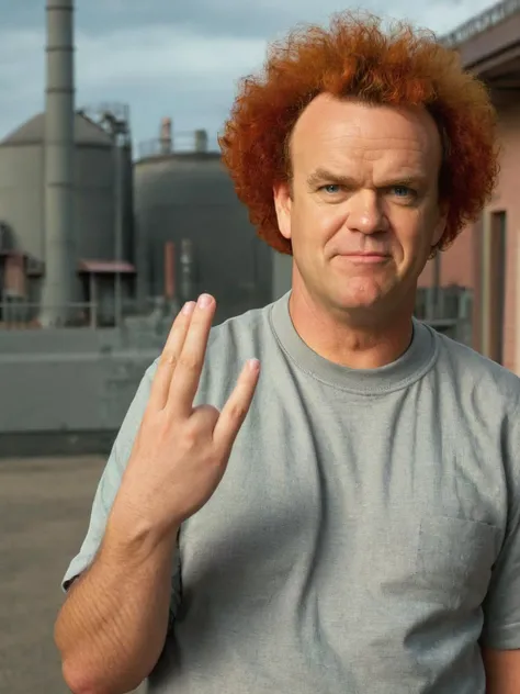 photo of John C Reilly as Sideshow Bob,shockr hand sign,The Simpsons,cartoonish,red hair,menacing expression,comical,exaggerated facial features,oversized feet,prison garb,humorous,rebellious,Springfield background,Simpson family house,nuclear power plant,<lora:shocker_xl:1>,