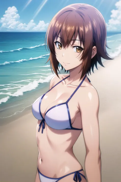 best quality, (masterpiece:1.2), highly detailed, standing, ocean, beach, sun rays,
1girl, solo, <lora:chara_GrandBlue_KotegawaChisa_v1:0.8>, kotegawa chisa,
looking at viewer, slight smile, closed mouth, medium breasts, upper body,
brown eyes, brown hair, short hair, front-tie bikini top, white bikini