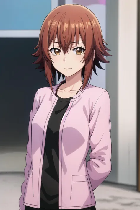 best quality, (masterpiece:1.2), highly detailed, standing, outdoors,
1girl, solo, <lora:chara_GrandBlue_KotegawaChisa_v1:0.8>, kotegawa chisa,
looking at viewer, slight smile, closed mouth, upper body,
brown eyes, brown hair, short hair, black shirt, pink jacket
