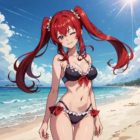 masterpiece,high quality,ultra high definition,solo,outdoors,
<lora:Hildegard_Crossange:0.5>,looking at viewer,smile,parted lips,
Hildegard_Crossange,1girl,one eye closed,
long hair,twintails,red hair,
bikini,ocean,beach,wind,sunshine,head tilt,
