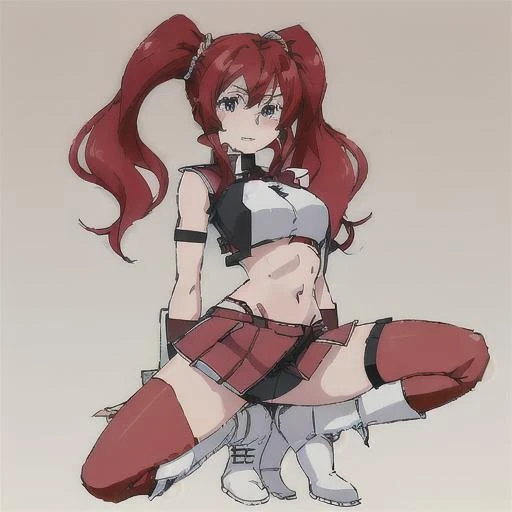 <lora:Hildegard_Crossange-10:1>1girl, solo, long hair,red miniskirt,navel, twintails, red hair, boots, midriff, fingerless gloves, white footwear, high heel boots,midriff,loincloth