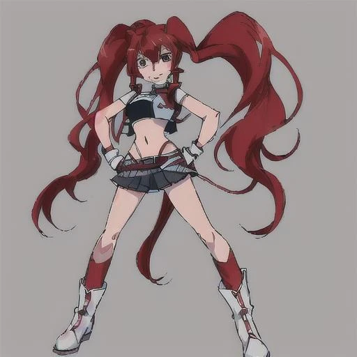 <lora:Hildegard_Crossange-10:1>1girl, solo, long hair,red miniskirt,navel, twintails, red hair, boots, midriff, fingerless gloves, white footwear, high heel boots,midriff