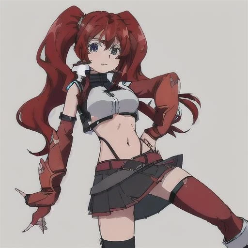 <lora:Hildegard_Crossange-10:1>1girl, solo, long hair,miniskirt,navel, twintails, red hair, boots, midriff, fingerless gloves, black footwear