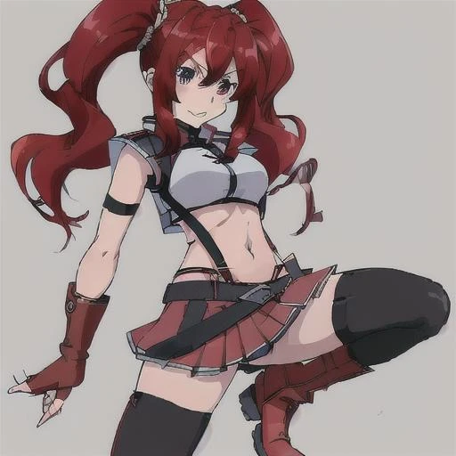 <lora:Hildegard_Crossange-10:1>1girl, solo, long hair,red miniskirt,navel, twintails, red hair, boots, midriff, fingerless gloves, black footwear