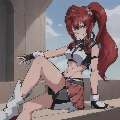 <lora:Hildegard_Crossange-10:1>1girl, solo, long hair,red miniskirt,navel, twintails, red hair, boots, midriff, fingerless gloves, white footwear, high heel boots,midriff,loincloth