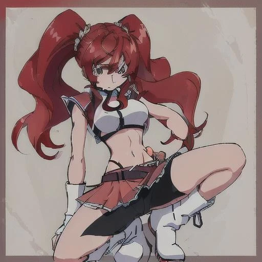 <lora:Hildegard_Crossange-10:1>masterpeace,best quality,1girl, solo, long hair,red miniskirt,navel, twintails, red hair, boots, midriff, fingerless gloves, white footwear, high heel boots,midriff,loincloth