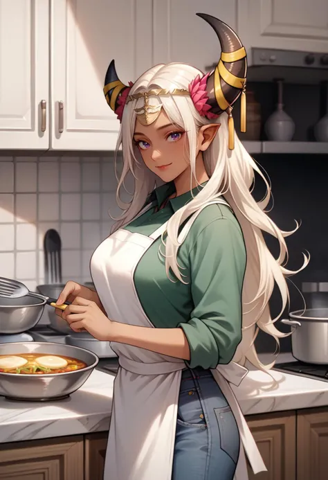 anime girl with horns cooking in a kitchen with a pan