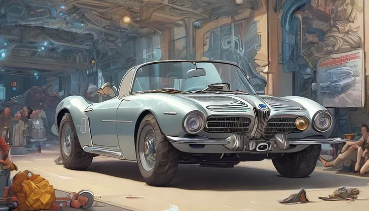 highly detailed graphic, futuristic vintage sport car, intricate detail, digital art, poster, 50s, bmw,