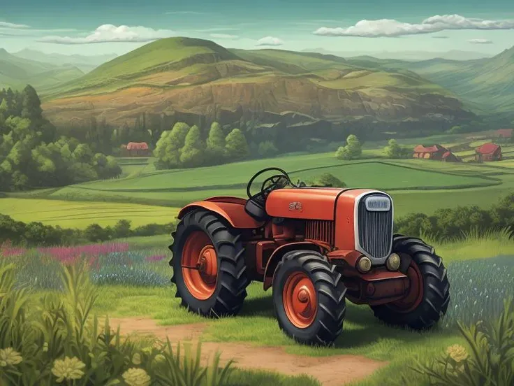 old tractor, countryside, green hills,  landscape, 50s style, detailed graphic,