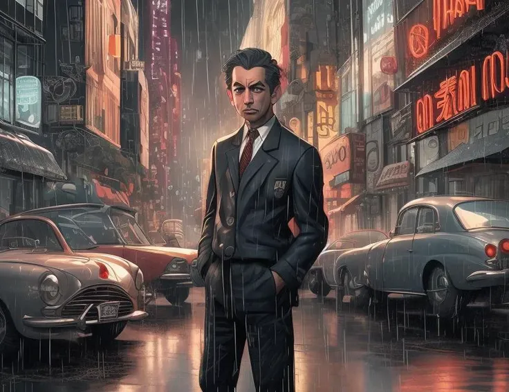 atomic age, detective, noir, street, rain, detailed graphic, 50s style, Bogart,