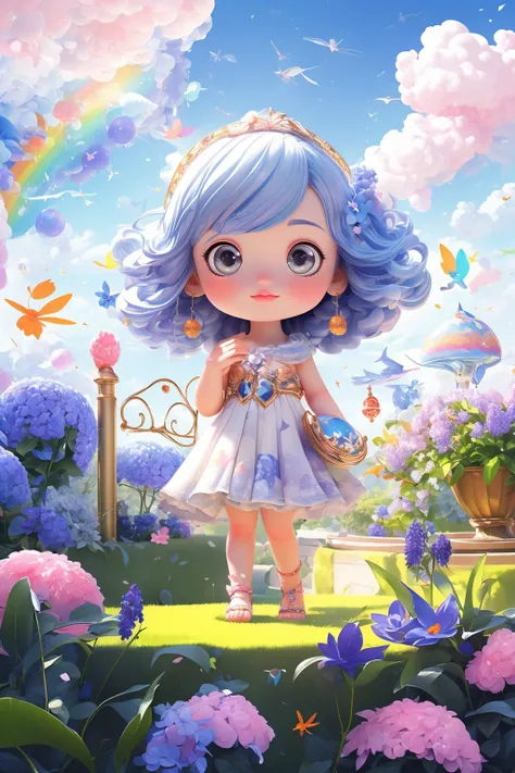 <lora:Rackflowerv2:0.8>,<lora:add_detail:0.4>, looking at viewer,
Rackflower, blue flower, chibi, 1girl, short hair, rainbow color hair, cloud, (colorfull sky:1.2), in garden, bokeh background,, masterpiece,ultra realistic,32k,extremely detailed CG unity 8k wallpaper, best quality