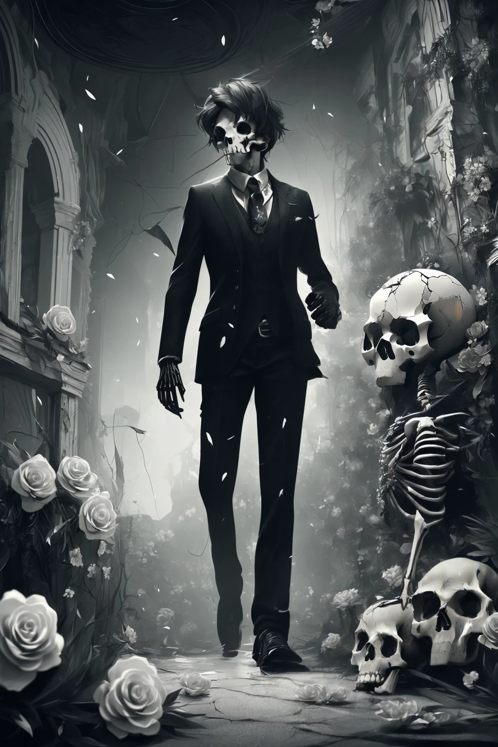 (masterpiece,best quality:1.5), ultra realistic,32k,extremely detailed CG unity 8k wallpaper, detailed background, skull, spider, spider web, mysterious lighting, mystic atmosphere, (gloomy), horror \(theme\), blood,
(a girl and a boy:1.8), looking at another,
BREAK
1girl, ((skeleton, skull)), skullgirls, white wedding dress, white flowers on hair, holding flower,
BREAK
1boy, ((skeleton, skull)), skullboys, black vest, flower vest ornament, necktie,