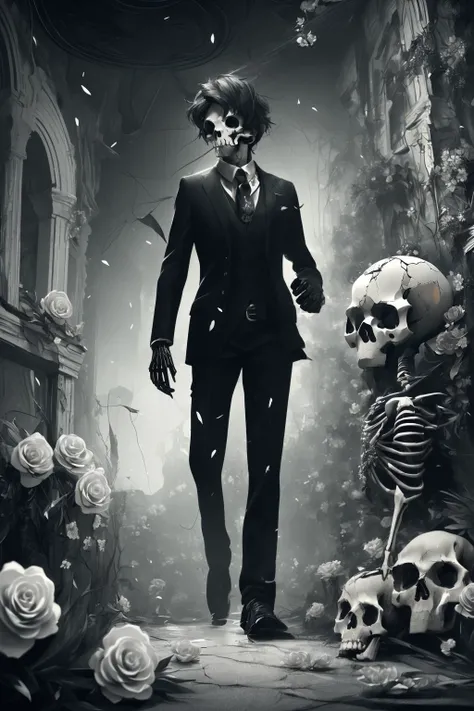 (masterpiece,best quality:1.5), ultra realistic,32k,extremely detailed CG unity 8k wallpaper, detailed background, skull, spider, spider web, mysterious lighting, mystic atmosphere, (gloomy), horror \(theme\), blood,
(a girl and a boy:1.8), looking at another,
BREAK
1girl, ((skeleton, skull)), skullgirls, white wedding dress, white flowers on hair, holding flower,
BREAK
1boy, ((skeleton, skull)), skullboys, black vest, flower vest ornament, necktie,