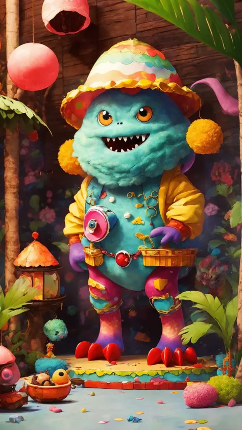 (8k, RAW photo, best quality, masterpiece:1.4),
3dcharacter, cute, (a colorful monster:1.4), (teeth, claws), cute eyes,
cloud, waves, jungle background,